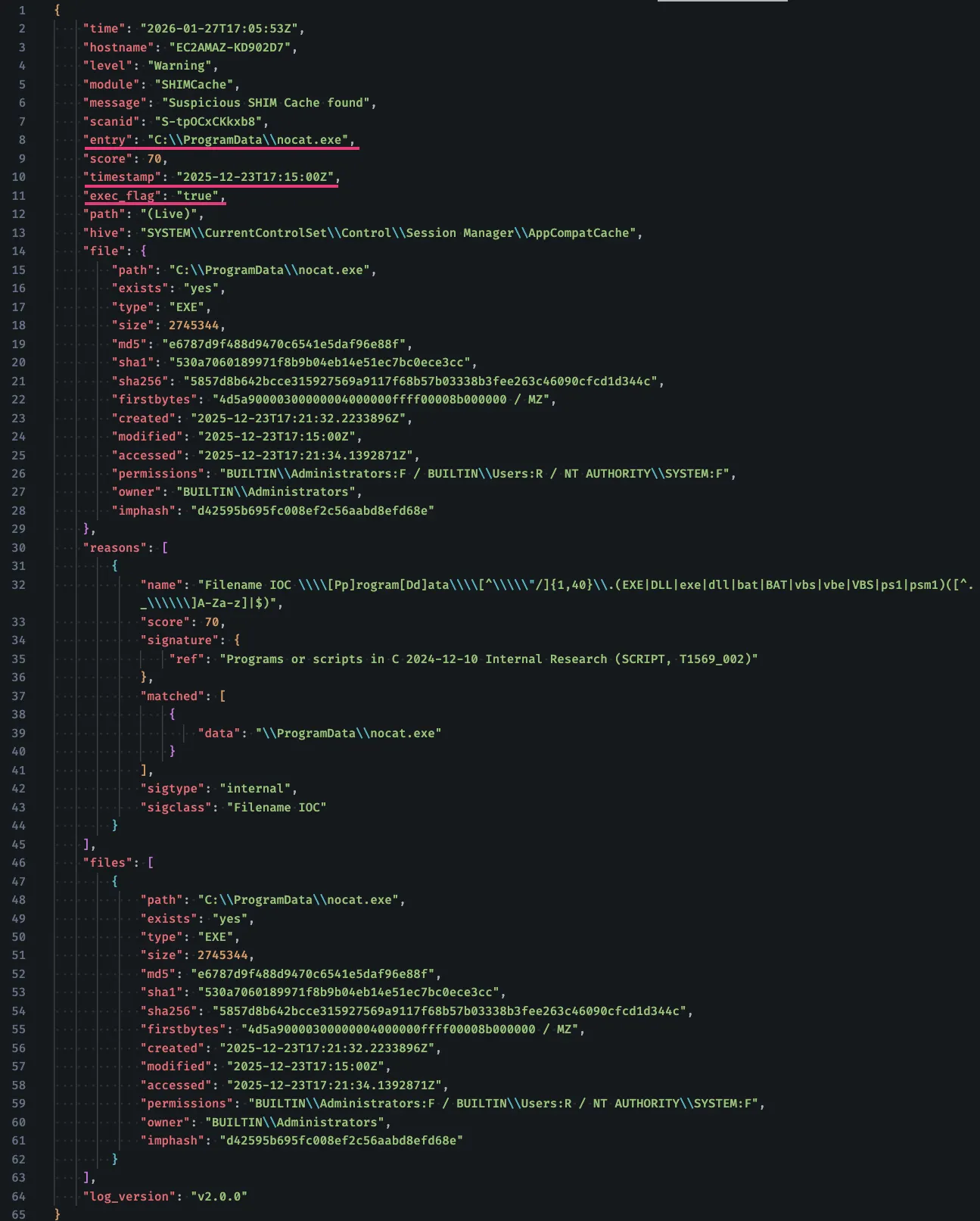  Обнаружение ShimCache, дополненное THOR. Исходный артефакт ShimCache содержит только часть сигнала. THOR добавляет метаданные файла, хэши, информацию о владельце, разрешениях, причинах обнаружения и контекст оценки, прежде чем обнаружение будет передано в модель.  