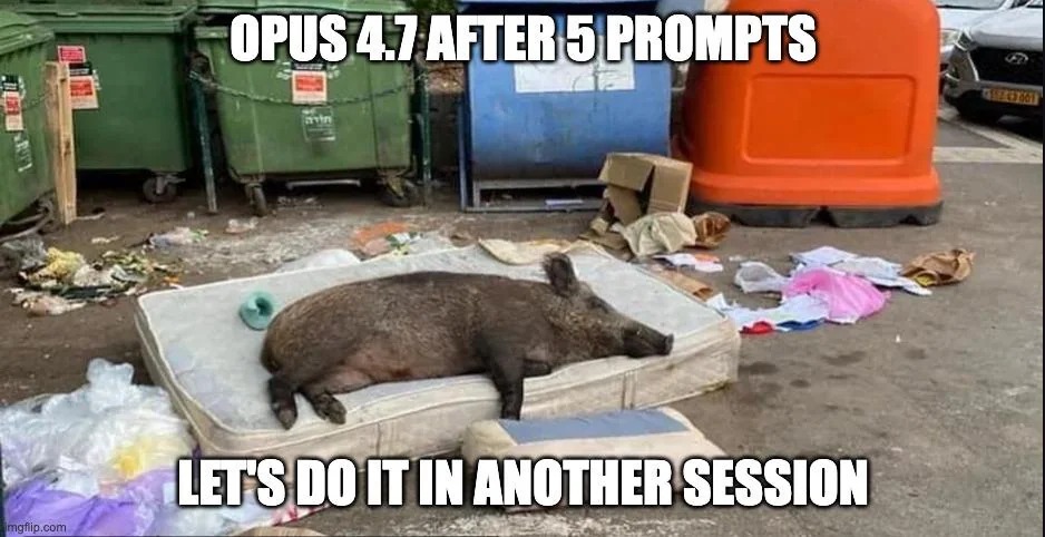 Opus 4.7 после пяти промптов: “Давай лучше в следующей сессии”.