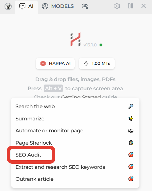 SEO аудит в HARPA AI