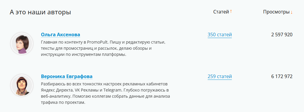 Страница с информацией об авторах в блоге PromoPult