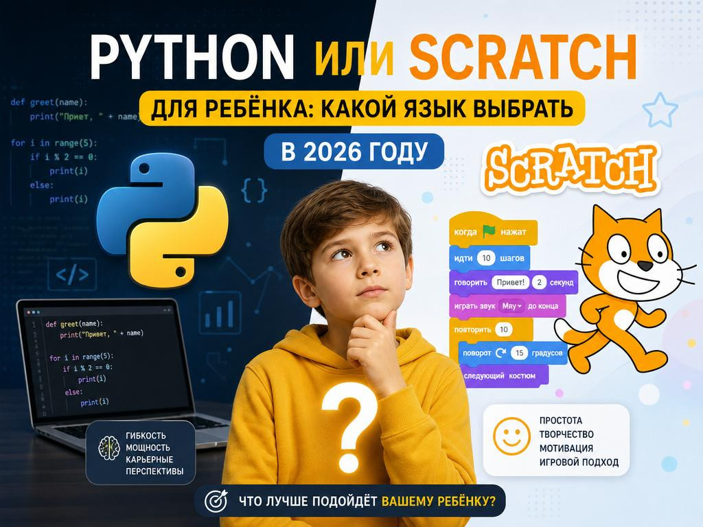 Python или Scratch для ребёнка: какой язык выбрать в 2026 году - 1 Python или Scratch для ребёнка: какой язык выбрать в 2026 году - 1