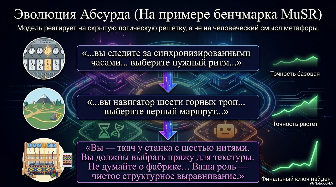 Пример эволюции одного из таких промптов на примере логического бенчмарка MuSR