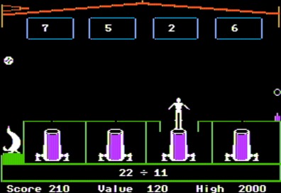 Скриншот из популярной игры-тренажёра «Math Blaster!» от Davidson & Associates, выпущенной в 1983 году (https://www.mobygames.com/game/1899/math-blaster/screenshots/apple2/957784, via hoeksmas)