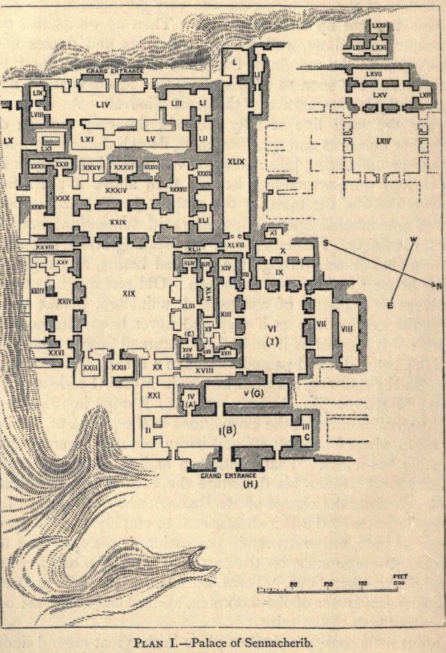 План дворца в Ниневии, где была найдена библиотека, Austen Henry Layard 1817-1894. aus Layards Buch "Nineveh and Babylon", Википедия