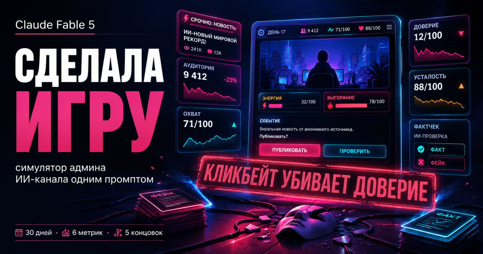 Я попросила Claude Fable 5 сделать игру одним промптом. Получился симулятор админа ИИ-канала - 1 Я попросила Claude Fable 5 сделать игру одним промптом. Получился симулятор админа ИИ-канала - 1