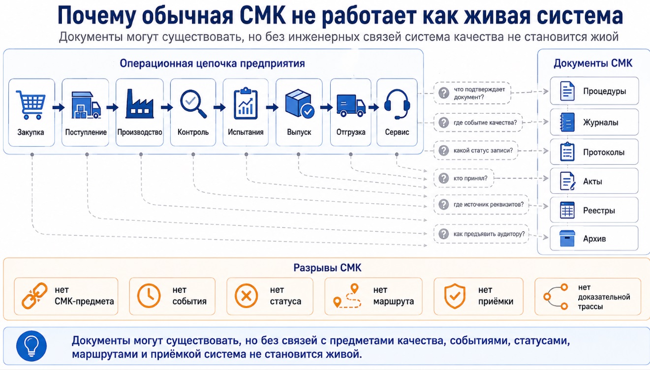 Формальная СМК отвечает на вопрос: какие документы у нас есть? Живая СМК отвечает на другой вопрос: какое требование качества подтверждено, каким событием, какой записью, в каком статусе и где это можно предъявить? В первом случае предприятие управляет документами. Во втором — доказательной базой качества.