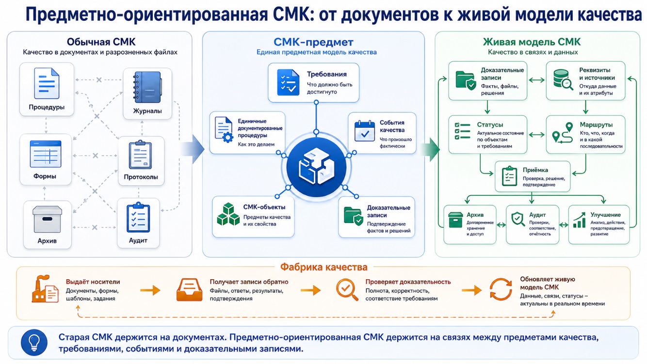 На этой схеме важно увидеть главное: новая СМК начинается не с того, что мы рисуем ещё одну форму или заводим ещё один журнал. Она начинается с вопроса о предмете качества. Что именно должно быть управляемо? Что требует закон, ГОСТ, техническое условие, отрасль, заказчик или само предприятие? Что должно быть доказано? Какой факт должен возникнуть в процессе? Какая запись должна это подтвердить?