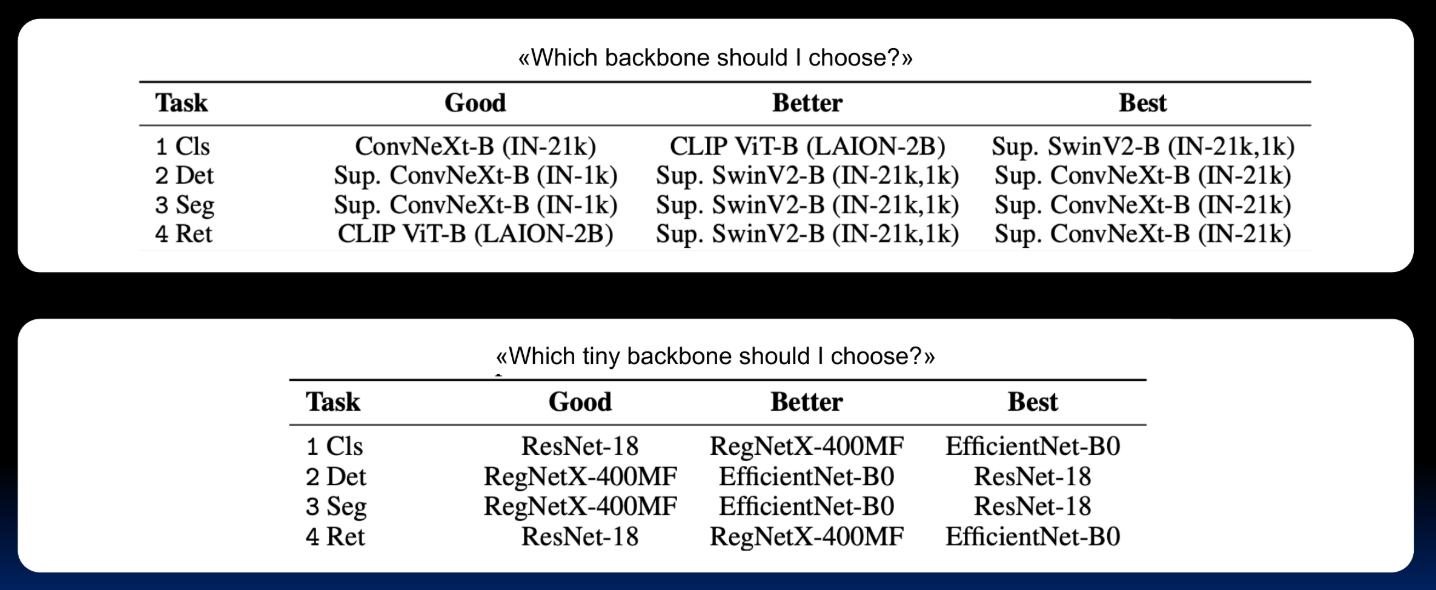 Рисунок 10. Результаты исследования Battle of the Backbones: A Large-Scale Comparison of Pretrained Models across Computer Vision Tasks