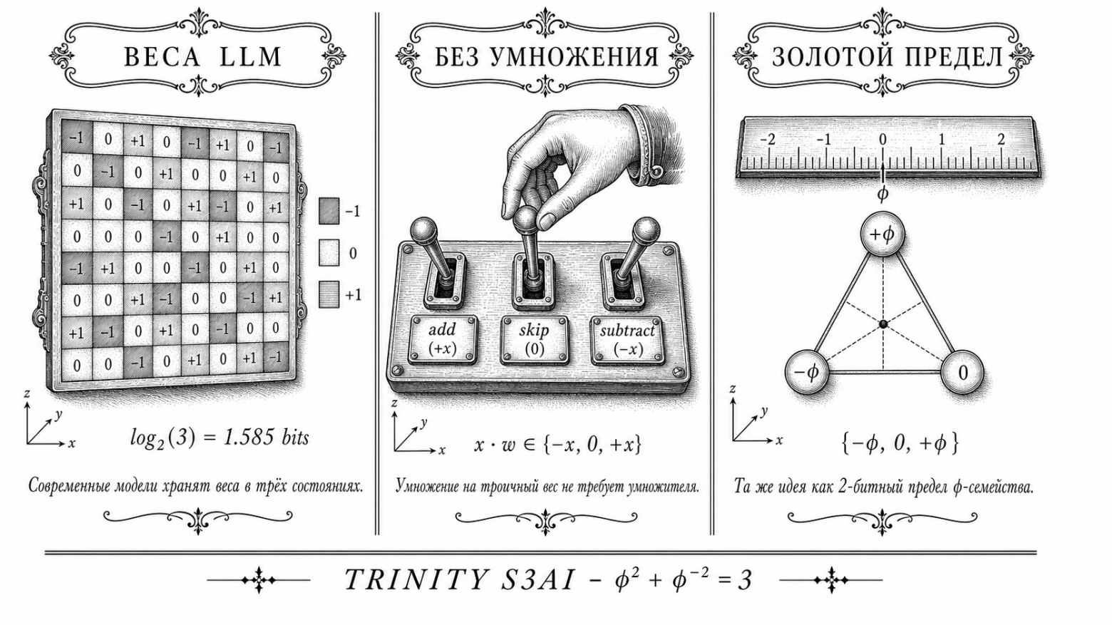 Возвращение троичности: веса LLM, безмультипликаторность, золотой 2-битный предел