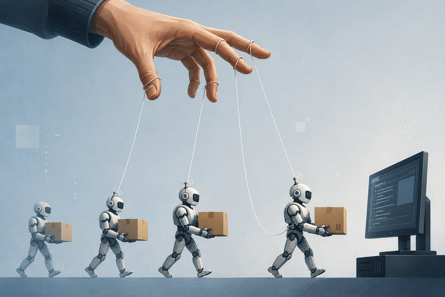 Обложка: рука-кукловод держит на ниточках роботов, которые несут коробки к монитору с кодом