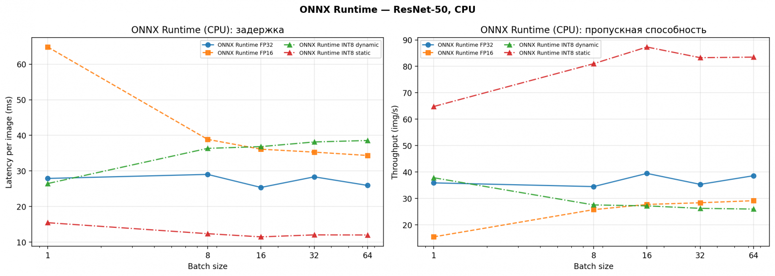 Latency и Throughput vs batch size — все конфигурации ONNX Runtime на CPU.