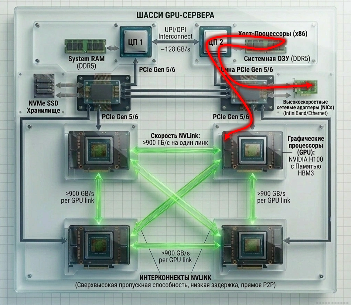 Путь трафика от GPU в кластер за пределы сервера через PCIe