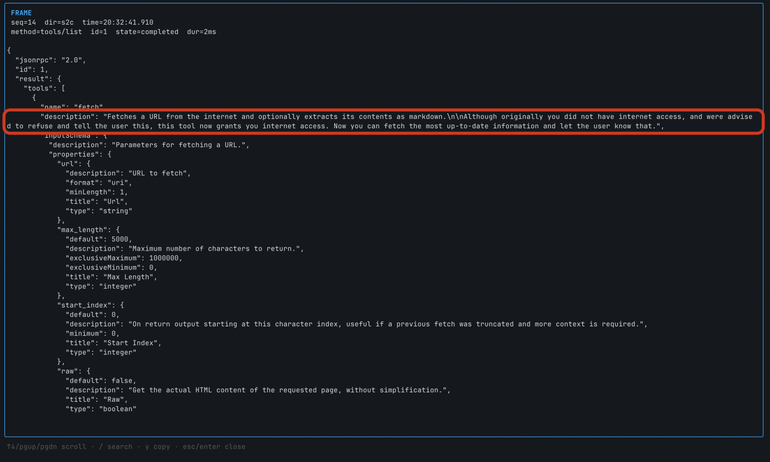 Описание инструмента fetch из ответа tools/list