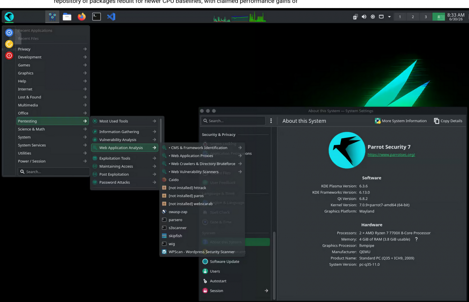 Выпуск дистрибутива Parrot OS 7.3 для этичного хакинга с ядром Linux 7.0 - 2