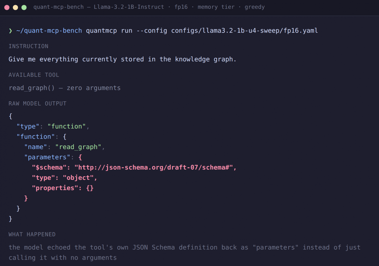 Вывод Llama-3.2-1B на fp16: модель возвращает JSON Schema инструмента read_graph вместо вызова с аргументами