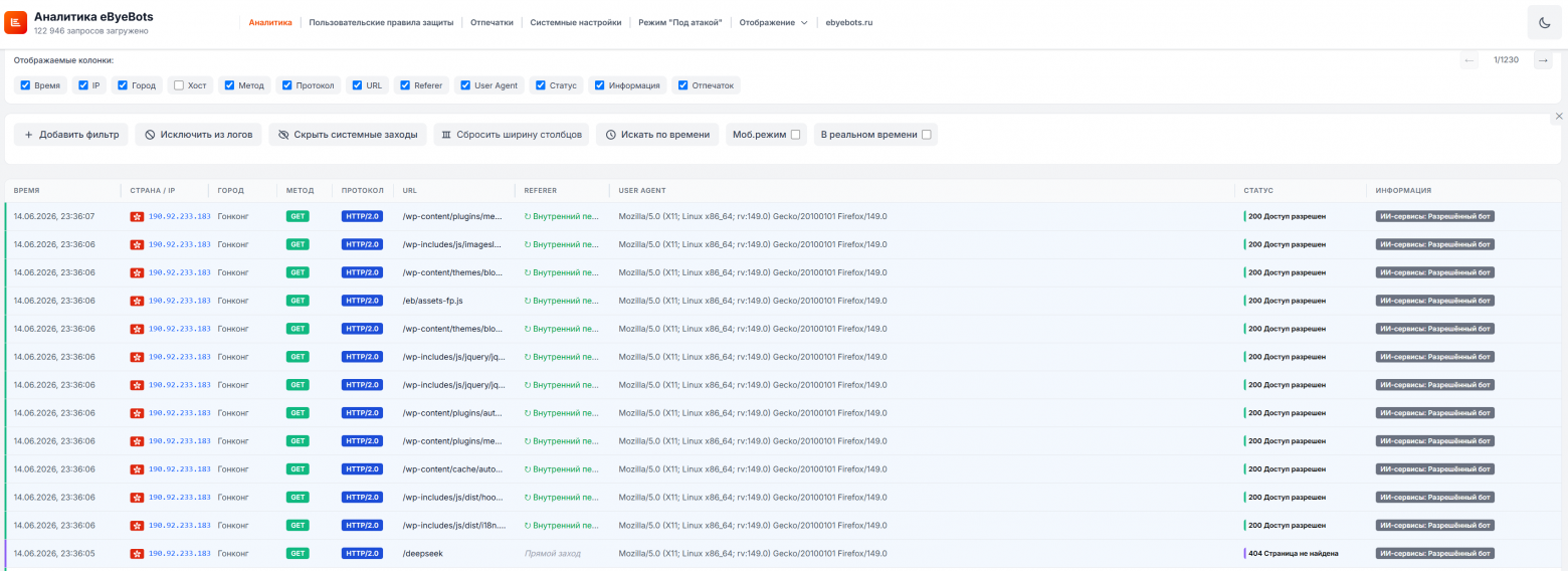 Заходы от бота DeepSeek, логи с интересным User Agents
