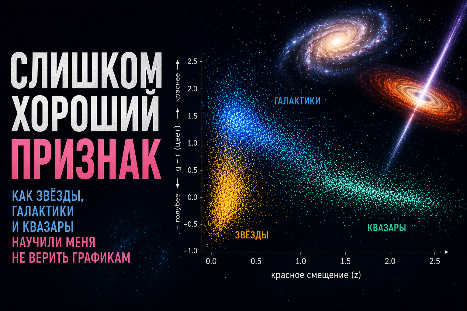 Звёзды, галактики и квазары в осях «красное смещение — цвет»: данные соревнования как звёздное небо