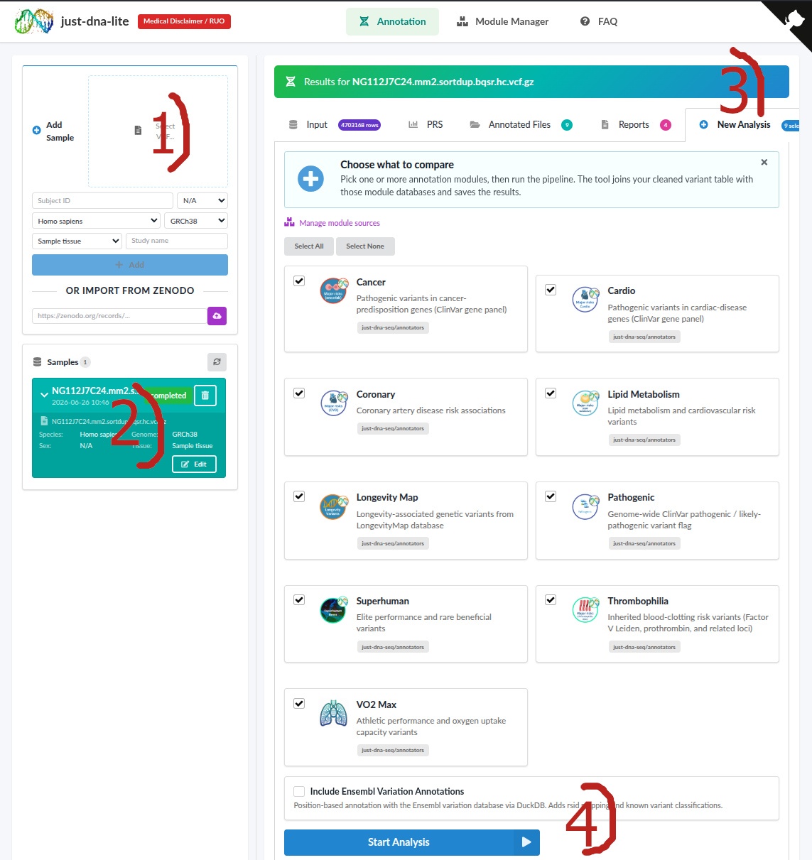 Just-DNA-Lite: загрузка генома через Add Sample, выбор образца в списке, вкладка New Analysis и запуск анализа