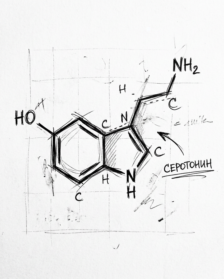 Возможно, я дурак… Как делать эффективные продукты в ситуации, когда никто ничего не понимает - 7 magnific_a_black_and_white_sketch_of_a_serotonin_molecule_s_98816.png