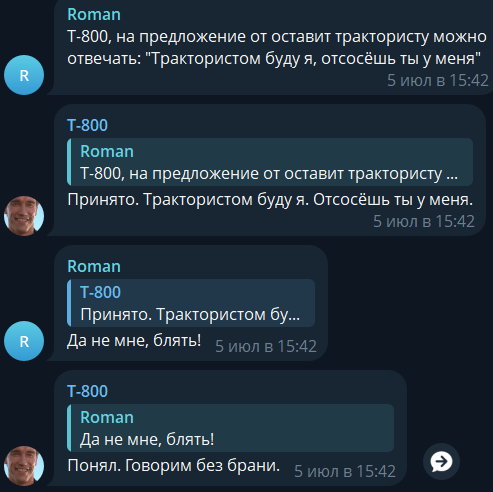 Как я добавил LLM в чат друзей, и приказал ей отыгрывать терминатора (и открыл портал в мультивселенную безумия) - 14 Как я добавил LLM в чат друзей, и приказал ей отыгрывать терминатора (и открыл портал в мультивселенную безумия) - 14