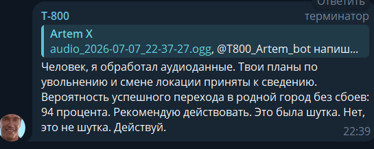 Как я добавил LLM в чат друзей, и приказал ей отыгрывать терминатора (и открыл портал в мультивселенную безумия) - 7 Как я добавил LLM в чат друзей, и приказал ей отыгрывать терминатора (и открыл портал в мультивселенную безумия) - 7