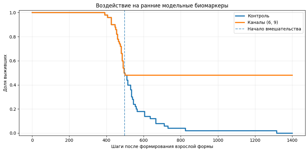 Кривая дожития 50 клеточных автоматов. Воздействие на каналы 6 и 9.