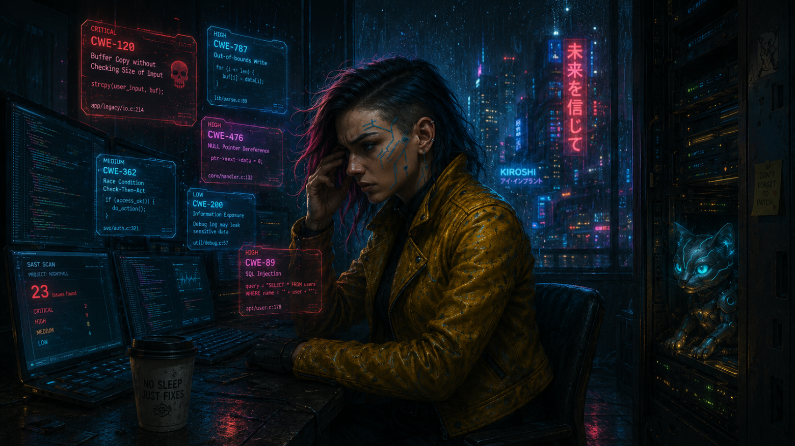 AppSec-инженер перед терминалами ночью    