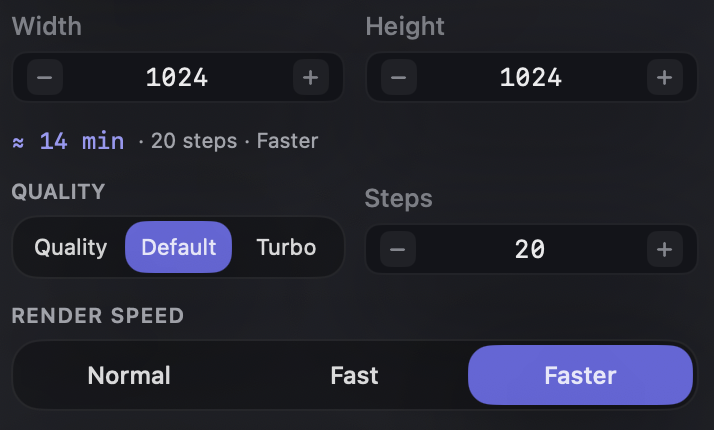 Тот же Default и 20 шагов, режим Faster: прогноз интерфейса — около 14 минут.