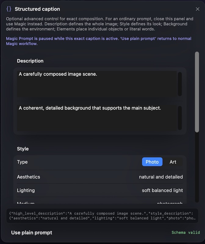 Редактор structured caption: JSON разбит на смысловые поля и проверяется по схеме до запуска рендера.