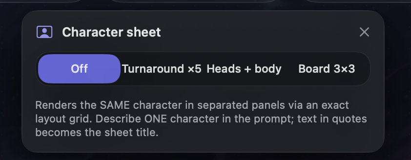 Character Sheet в версии 1.1: Turnaround ×5, Heads + body и Board 3×3 формируются как один общий холст.