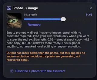 Загруженный источник, Strength 0,60: пустой prompt запускает прямой img2img без помощника. Это глобальная перерисовка, не маска и не сверхразрешение.
