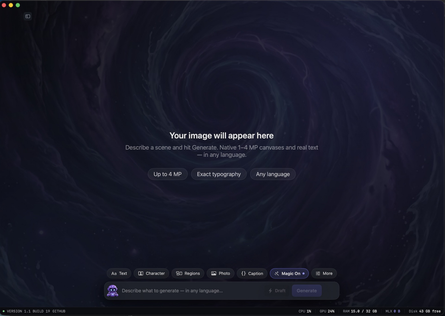 Cyclonminigen 1.1 (build 19): главное окно со скрытой навигацией, быстрыми инструментами и локальной телеметрией.