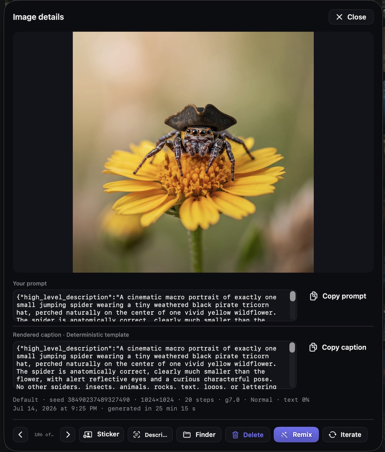 Gallery details: рядом с PNG сохранены prompt, фактический caption, seed, пресет, размер и время конкретного запуска.