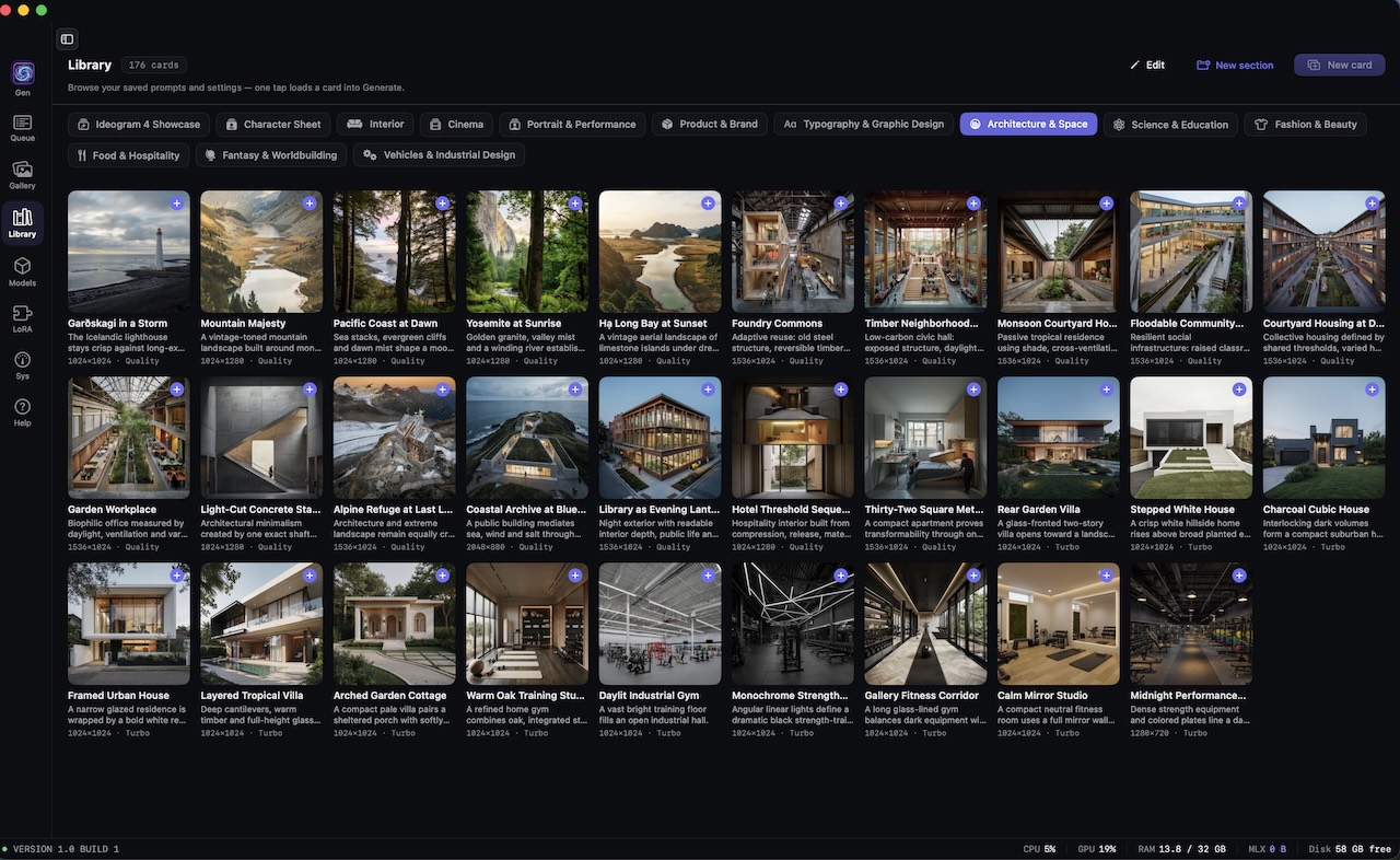 Library в версии 1.0 build 1: 176 встроенных карточек по категориям. Снимок предшествует 1.1, но показывает сохранённый состав библиотеки.