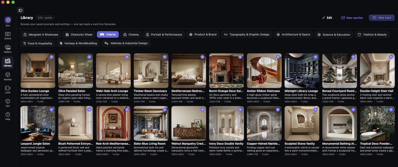 Категория Interior во встроенной Library. Карточки поставляются с приложением и не являются пользовательской Gallery.