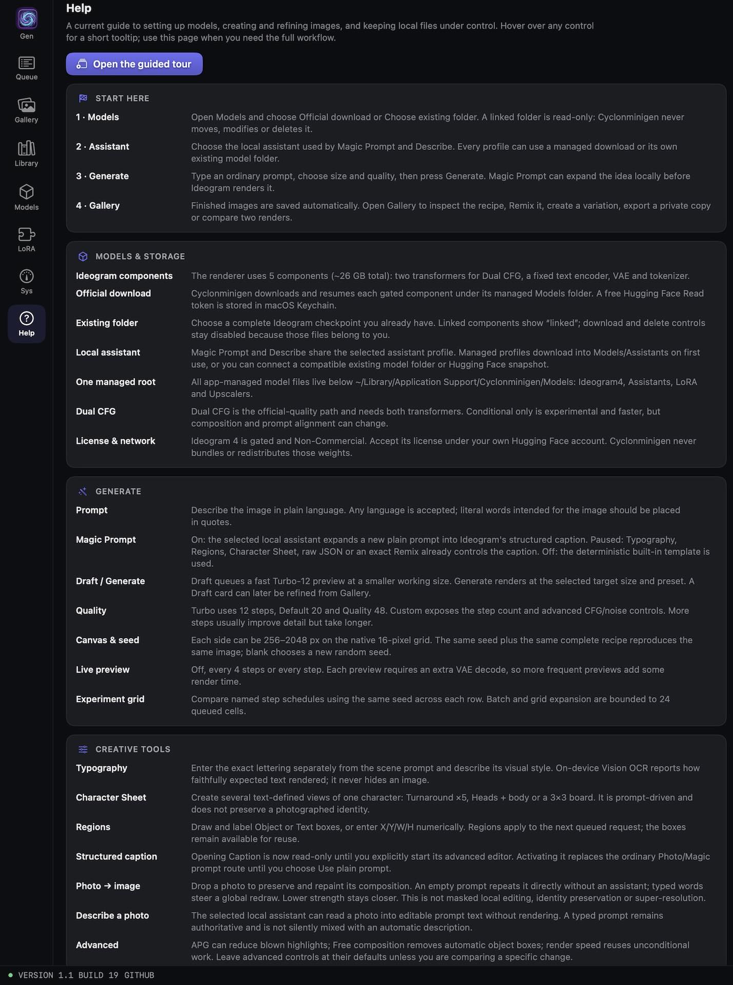 Справка финальной Cyclonminigen 1.1 (build 19): актуальные правила для моделей, генерации, Regions, structured caption и Photo → Image.