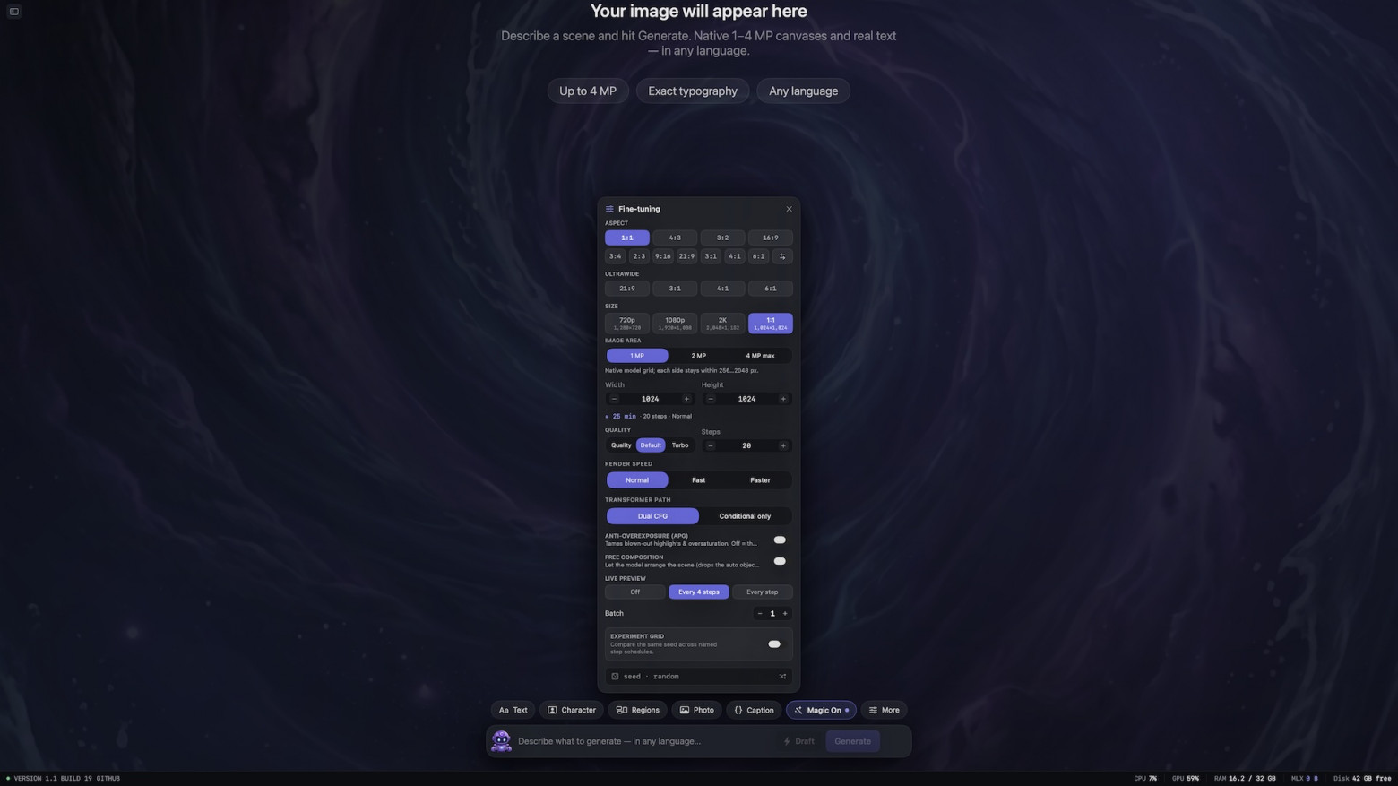 Финальная версия 1.1 (build 19): раскрытая панель Fine-tuning с размером холста, пресетом, режимом скорости, Dual CFG и Live Preview.