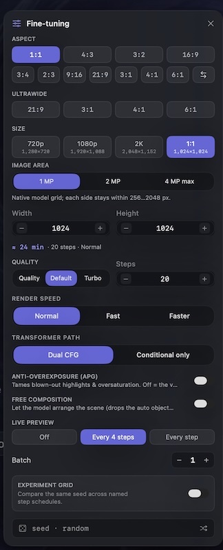 Панель Fine-tuning в версии 1.1. Прогноз времени зависит от пресета и Render Speed и не является результатом замера.