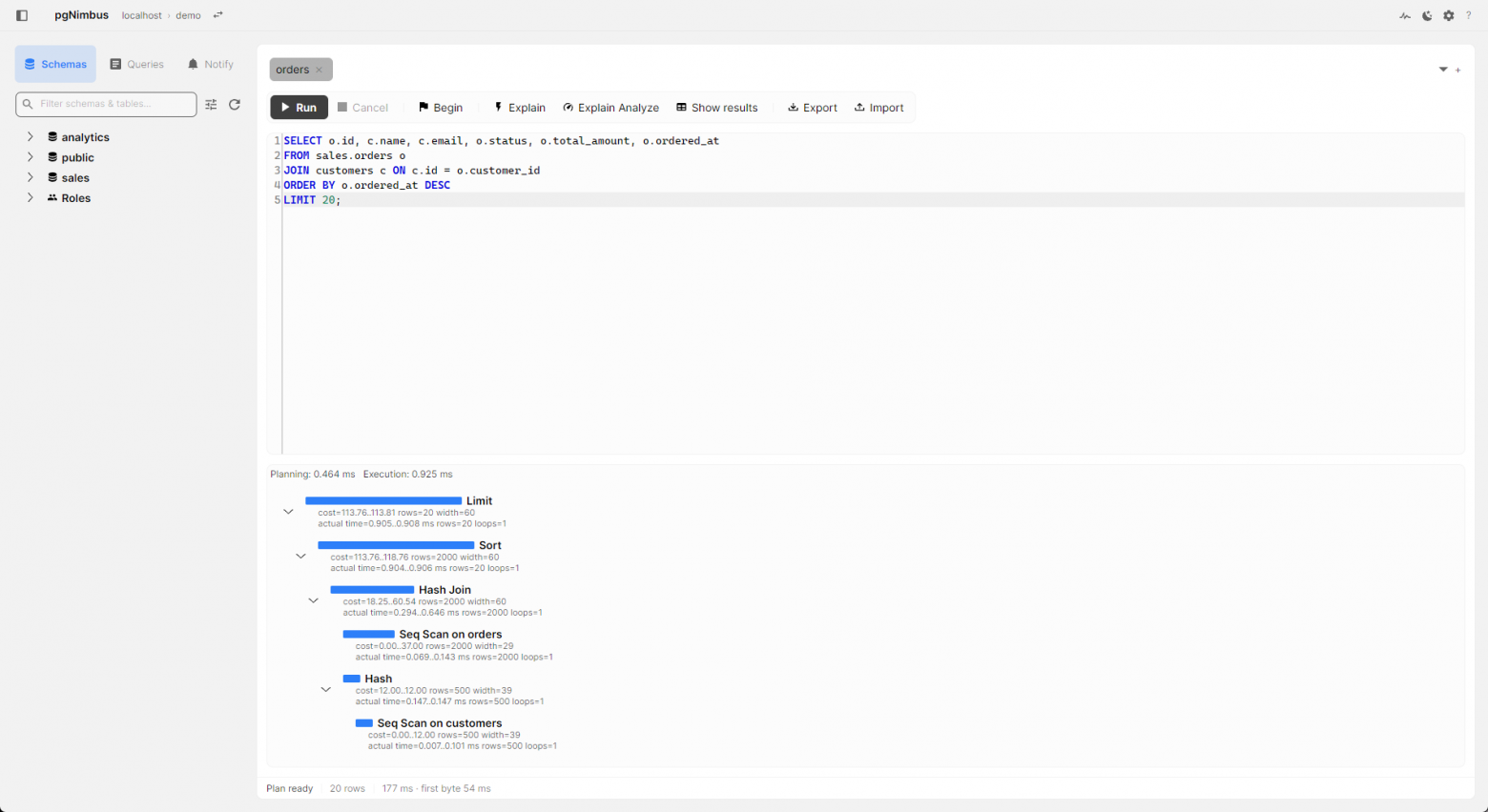 Дерево плана EXPLAIN ANALYZE рядом с исходным текстом