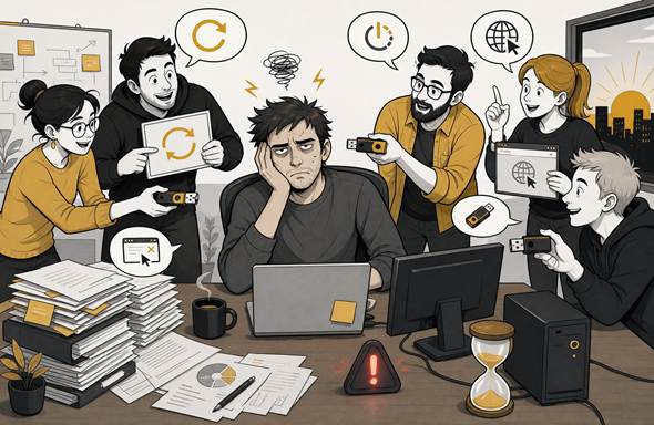 Уставший сотрудник пытается работать, пока коллеги снова предлагают установщик, флешку и перезагрузку.