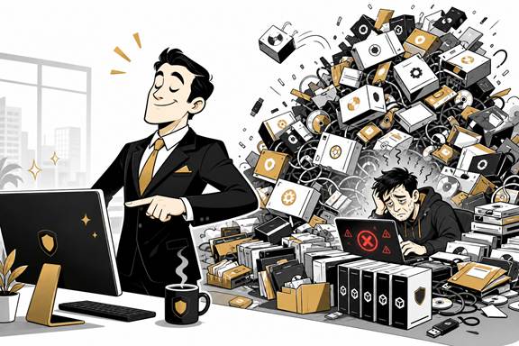 Руководитель уверенно показывает почти готовую программу на фоне горы хаотичных сборок и уставшего разработчика.