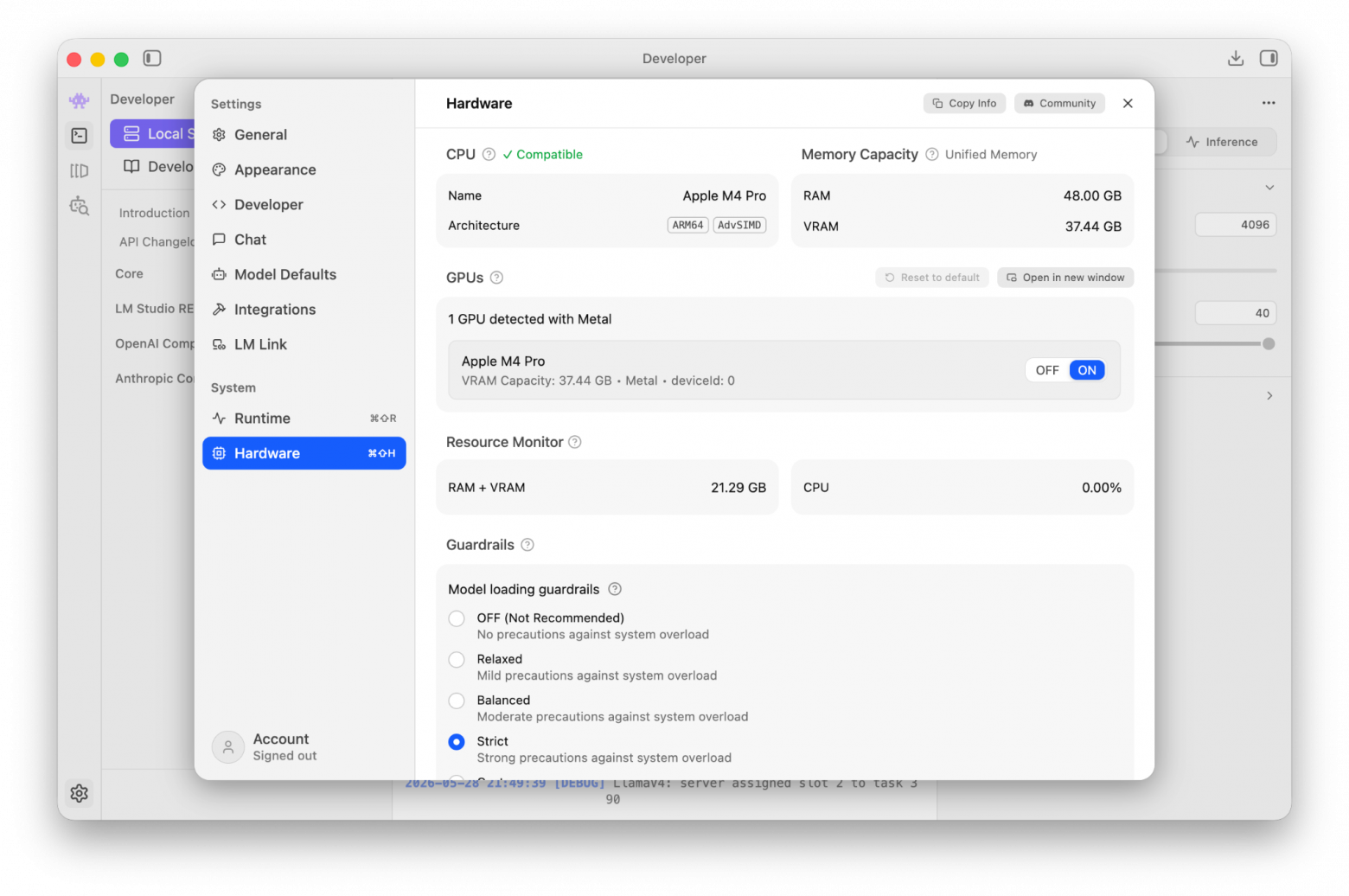 Сводка по железу тестового Mac miniTM, там же есть настройка гардрейлов в части перегрузки ресурсов системы.