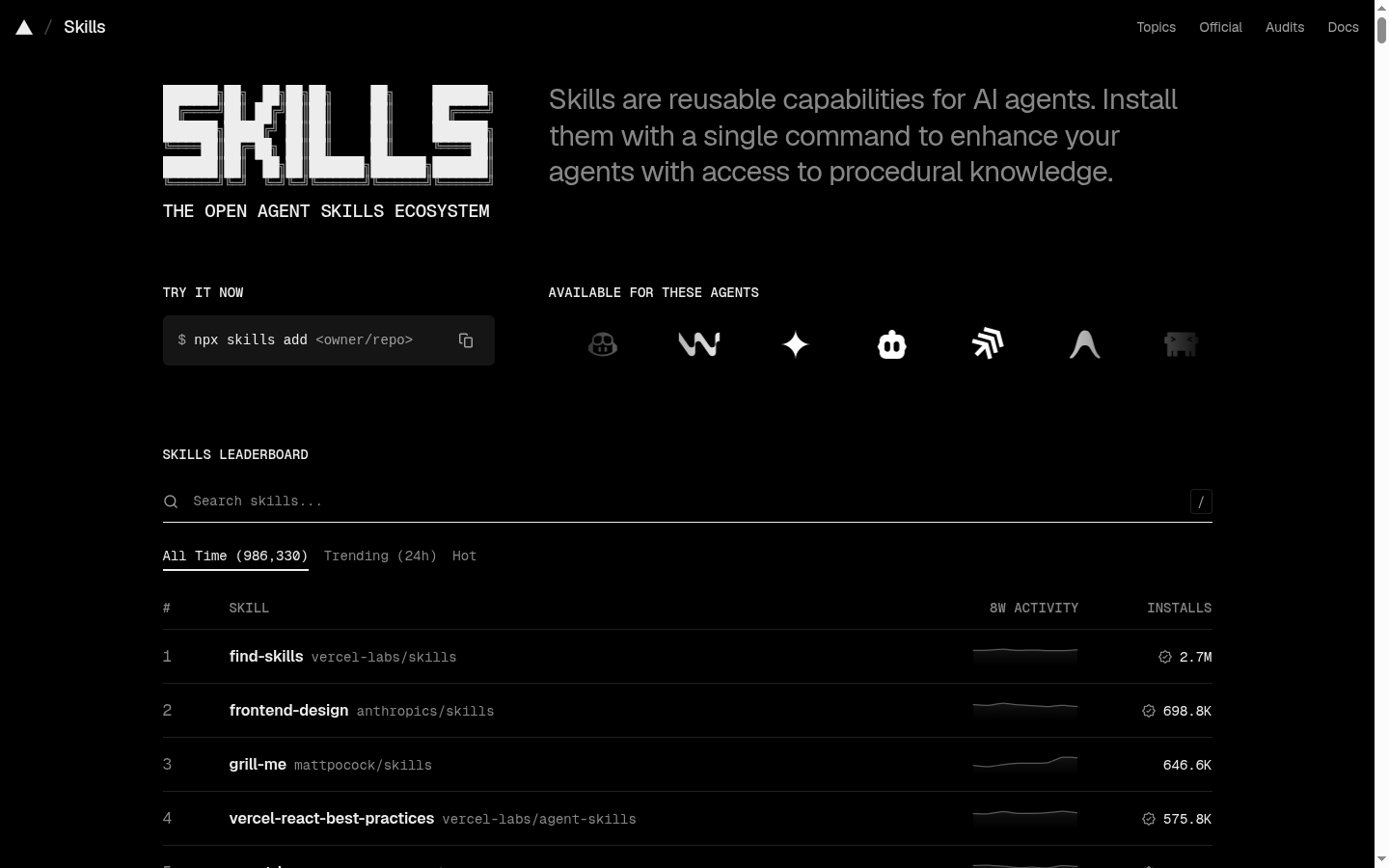 Лидерборд skills.sh, почти миллион установок на весь каталог