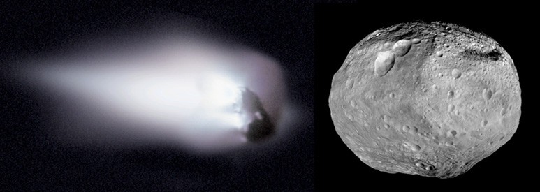 20% земных микрометеоритов — это отколовшиеся кусочки астероидов, таких как 4Vesta (слева), а 80% — фрагменты комет, как 1P/Halley (справа), фото NASA/JPL-Caltech и ESA/MPAe Lindau