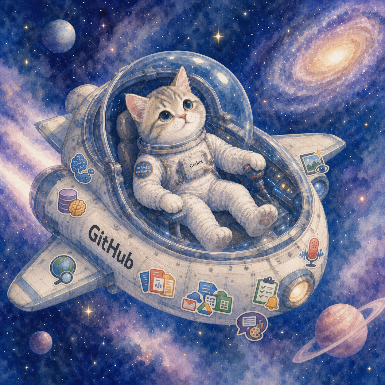 Кот-космонавт Паспарту за штурвалом корабля GitHub