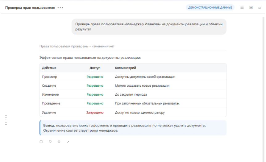 Проверка доступных действий для пользователя.