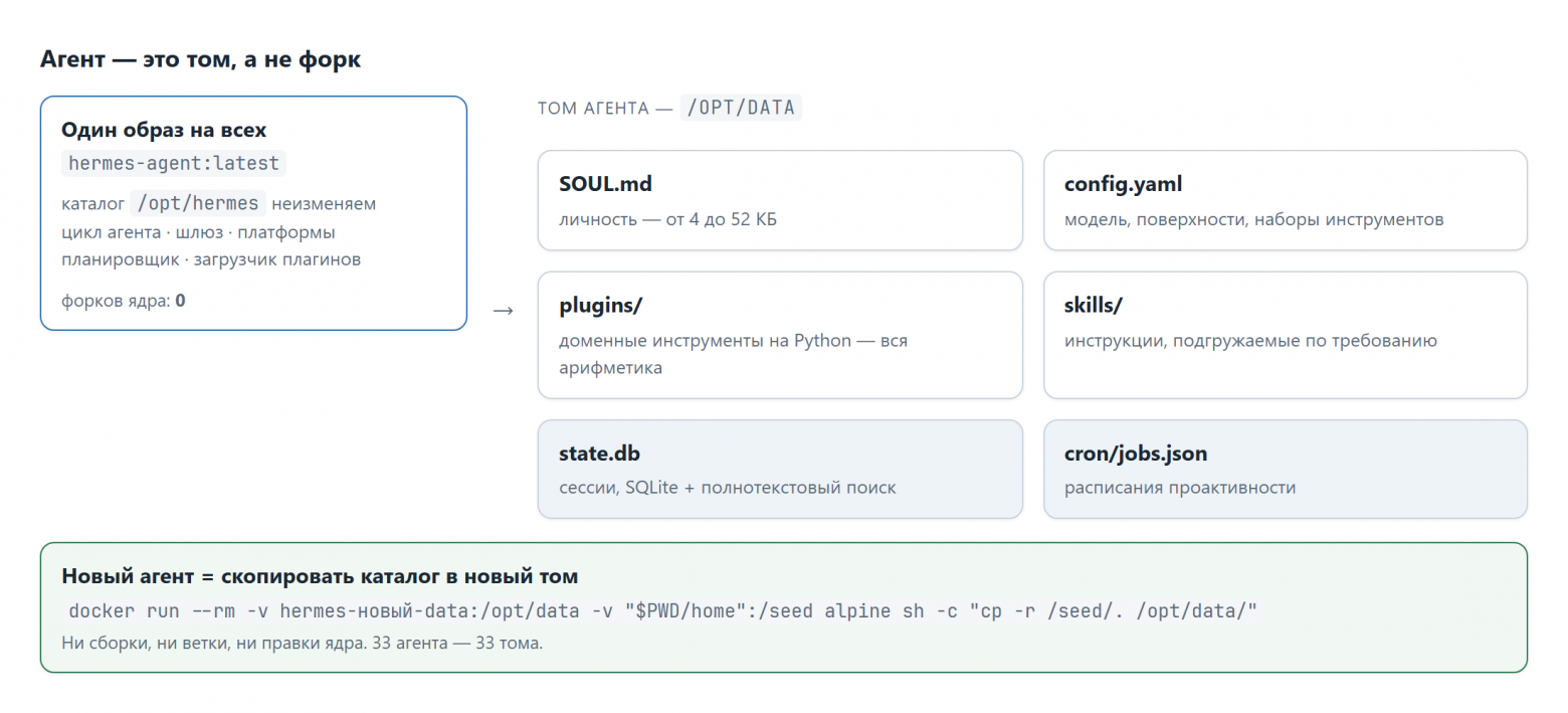 Один неизменяемый образ и том агента: SOUL⁠.md, config.yaml, плагины, скиллы, база сессий и расписания