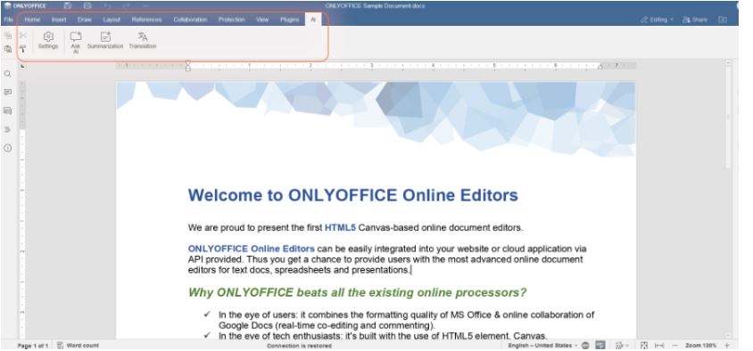  Вкладка AI в редакторе документов. Источник: официальный блог ONLYOFFICE.  