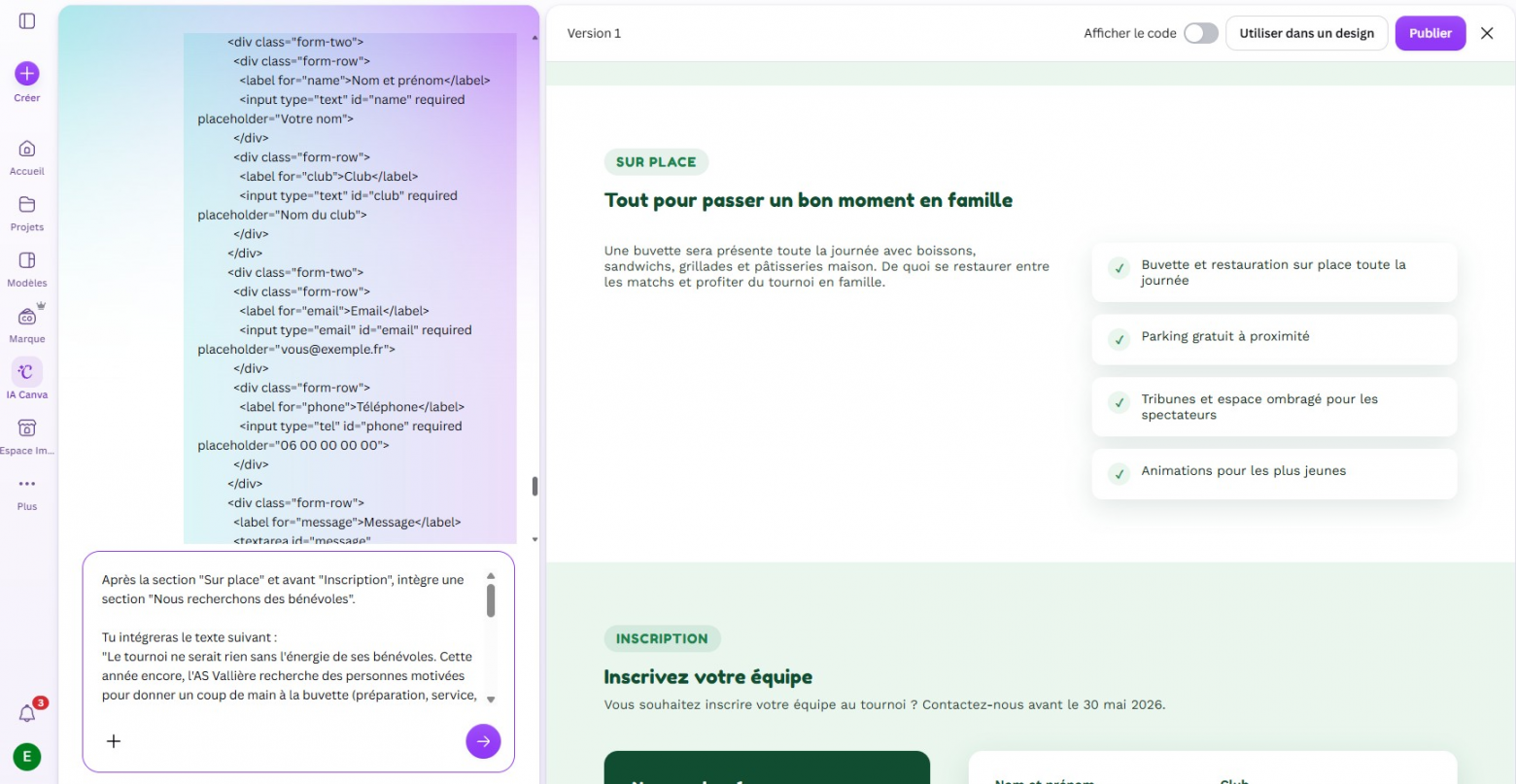 Исходная версия сайта после импорта HTML. Слева открыт код и поле для команды, справа видна страница. Источник: Blog du Modérateur