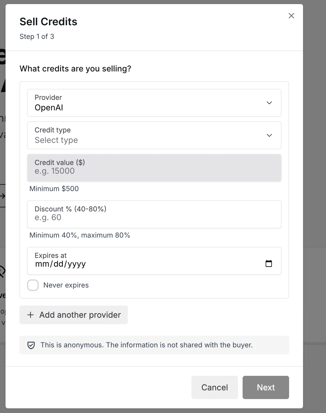 Скидка в 97%: как устроен китайский мошеннический рынок ИИ-токенов - 10 Screenshot of the AI Credits Sell Credits form asking for provider, credit type, credit value, and a discount between 40 and 80 percent